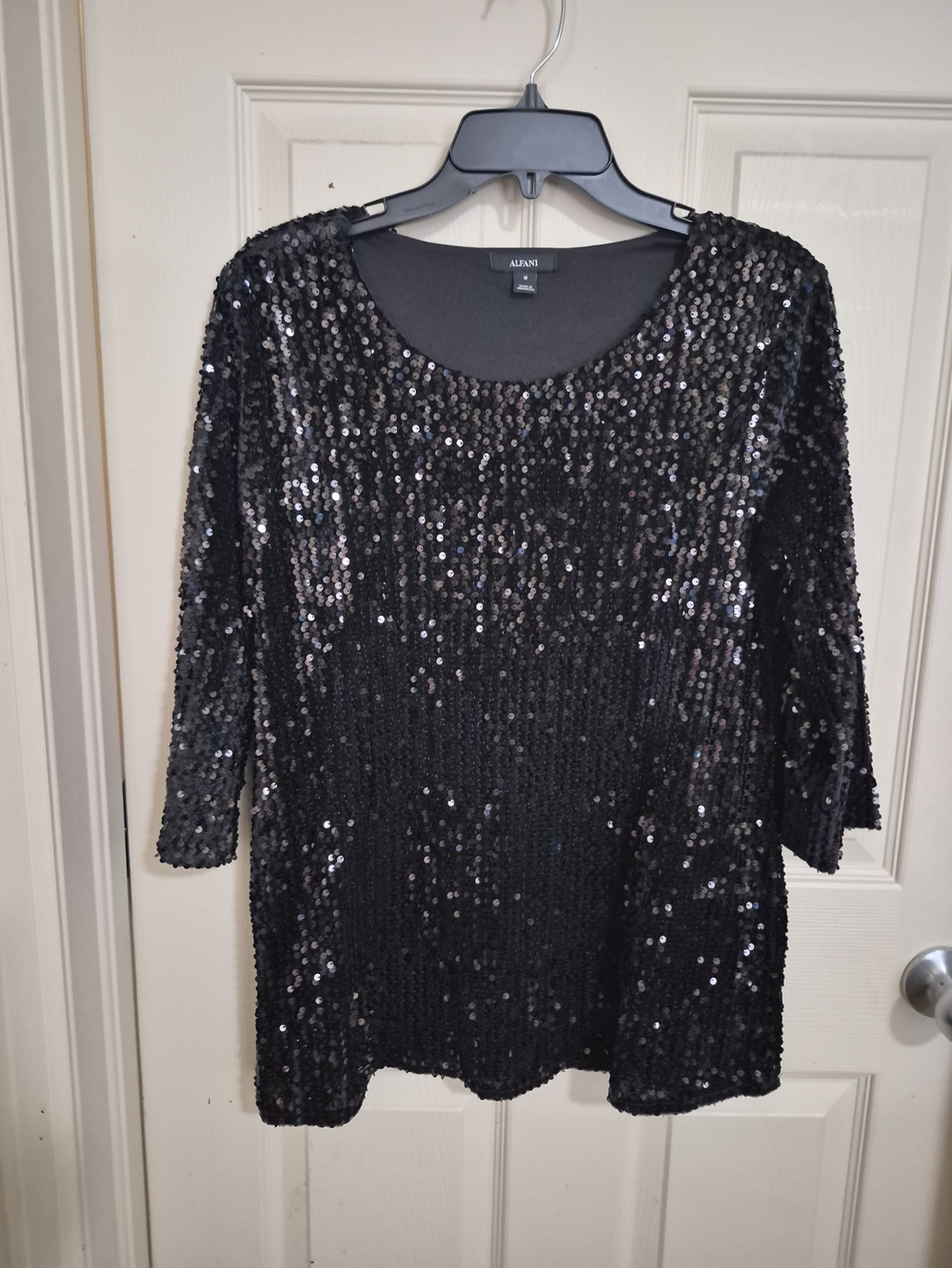 Alfani Black Sequin Scoop-Neck Pullover Top